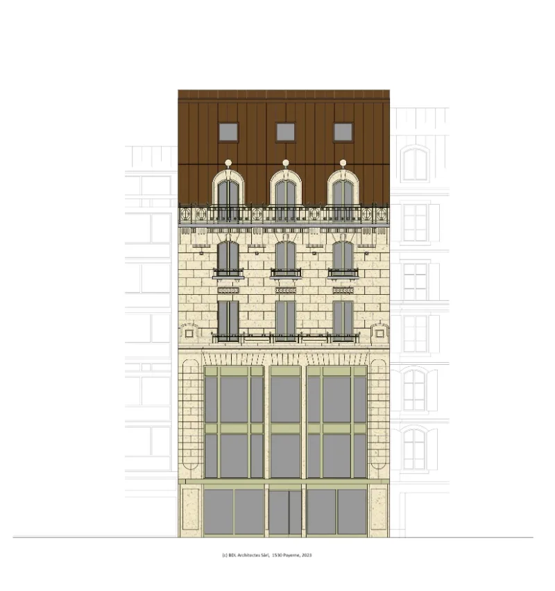 St-Honoré 10, coworking à Neuchâtel — Élévation rue St-Maurice, 1:100